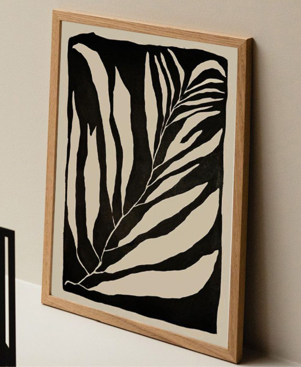 Black and white abstract painting, Leaves III, textured canvas, minimalist wall decor.