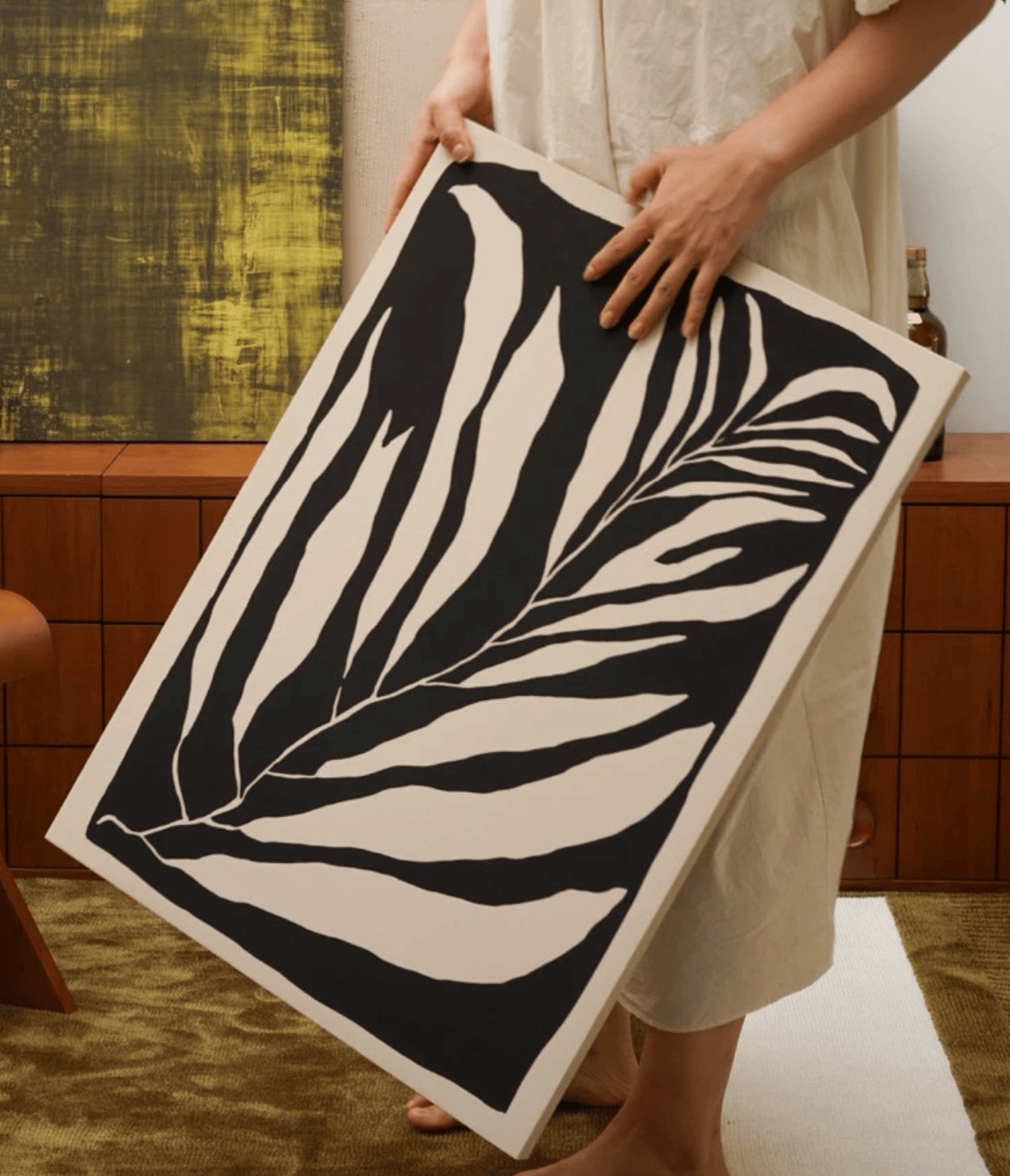 Black and white abstract painting, Leaves III, textured canvas, minimalist wall decor.