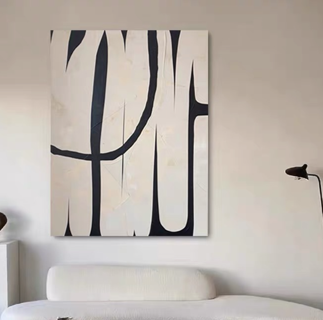 Geometric black and white abstract, Minimalist III, framed canvas art, office wall decor.