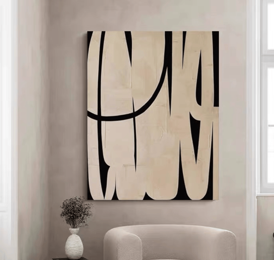 Geometric black and white abstract, Minimalist III, framed canvas art, office wall decor.