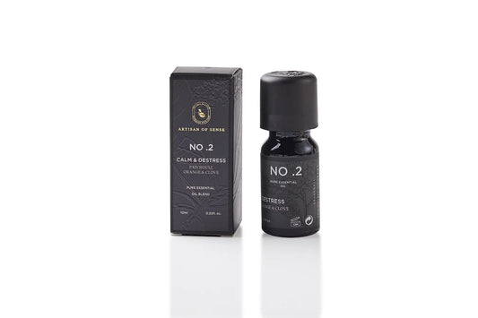 Aroma: Patchouli Orange Clove for Calm Distress. Concentrated essential oil in a dark glass vial.