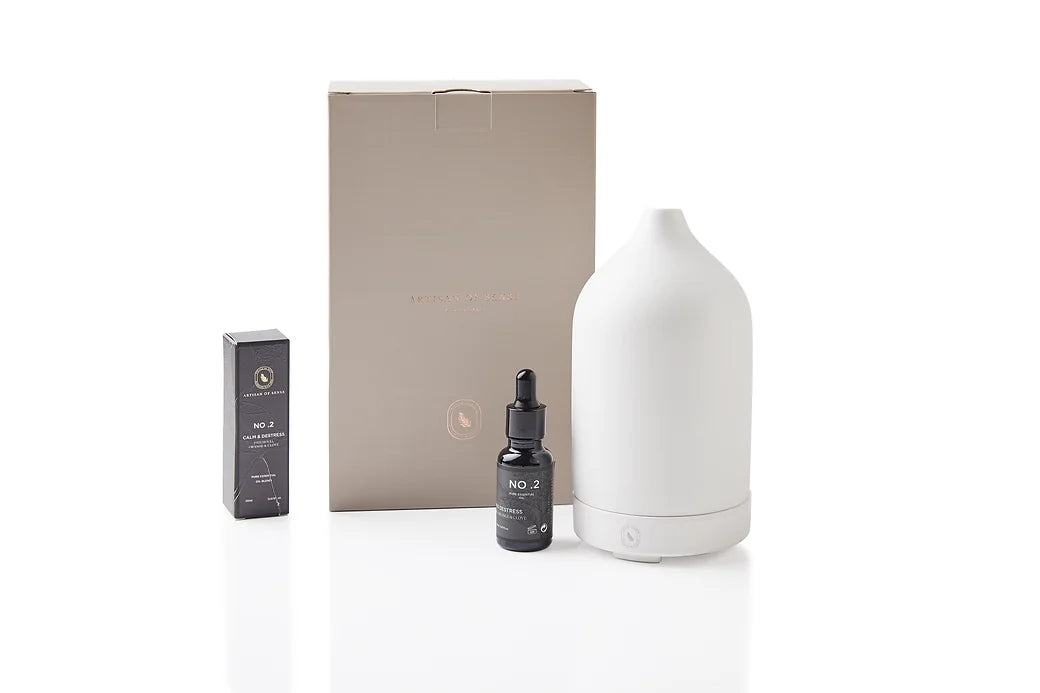 Aroma: Patchouli Orange Clove for Calm Distress. Concentrated essential oil in a dark glass vial.