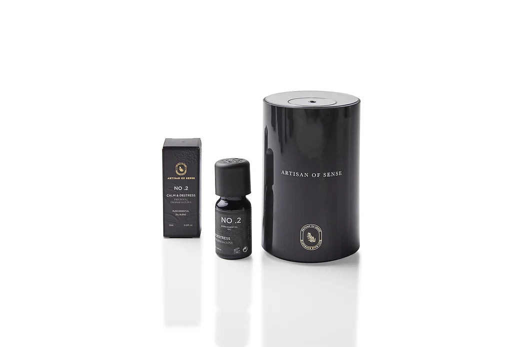 Aroma: Patchouli Orange Clove for Calm Distress. Concentrated essential oil in a dark glass vial.