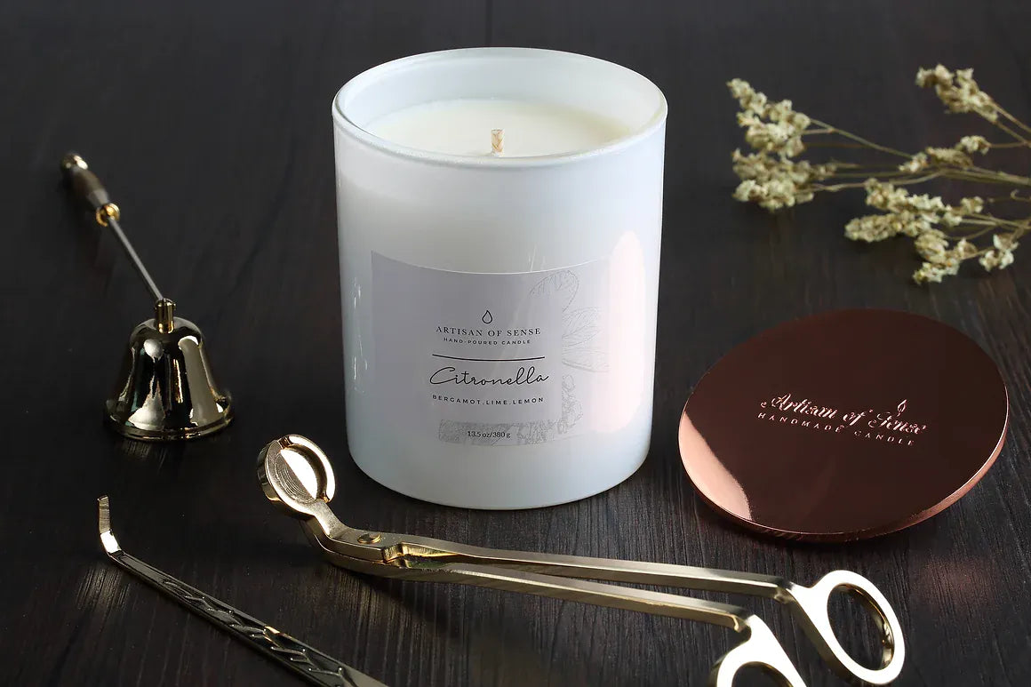 Classically designed wick trimmer, wick dipper, and bell snuffer in Rose Gold, Silver or Gold, for elegant candle care.