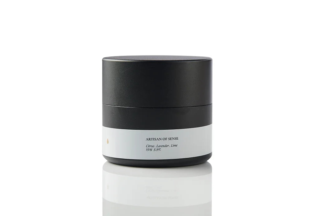 Travel-friendly soy tin candle, natural Citrus, Lavender & Lime scent, UK eco-friendly wax, cotton wick. Invigorating botanicals for a refreshing and clarifying