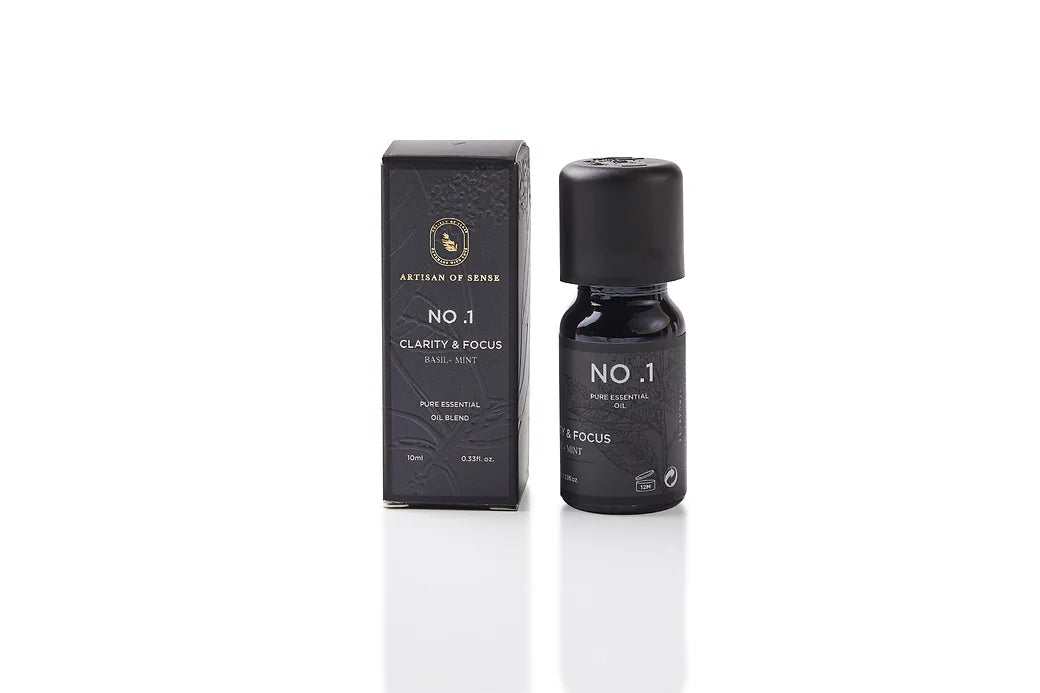 Aroma: Basil & Mint for Clarity & Focus. Single bottle of natural essential oil.
