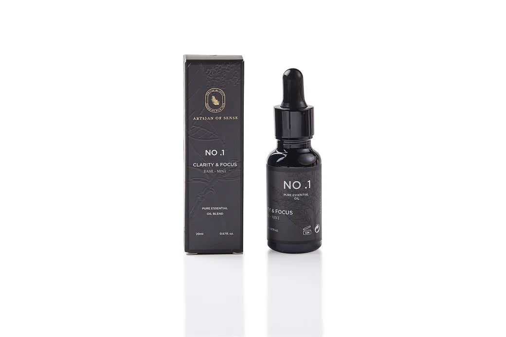 Aroma: Basil & Mint for Clarity & Focus. Single bottle of natural essential oil.