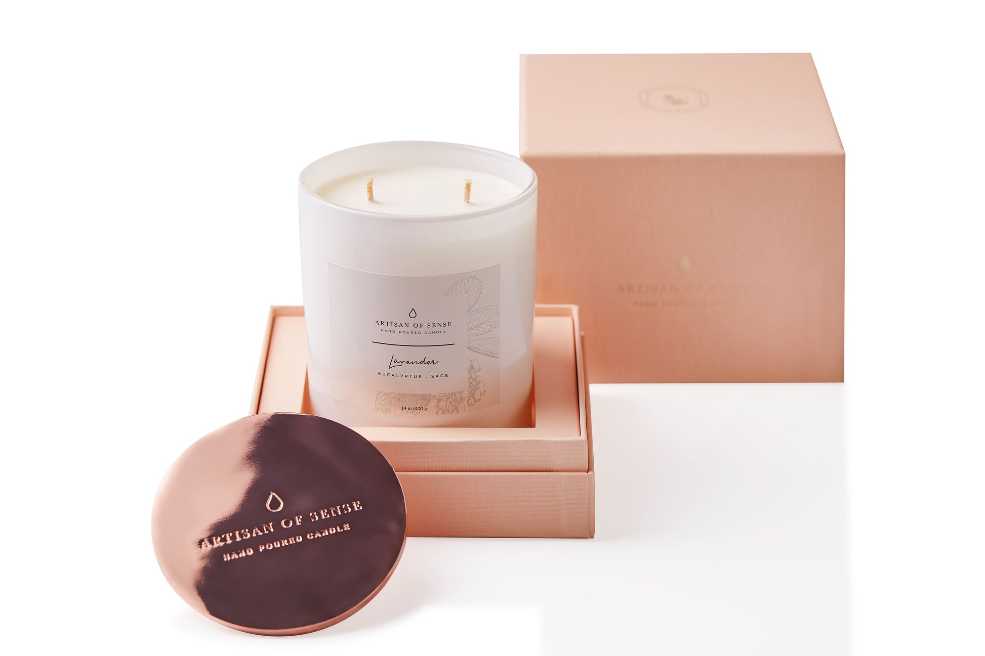 Soy candle with a natural cotton wick and Lavender, Eucalyptus & Sage Soy Candle aroma, within a sustainable box.