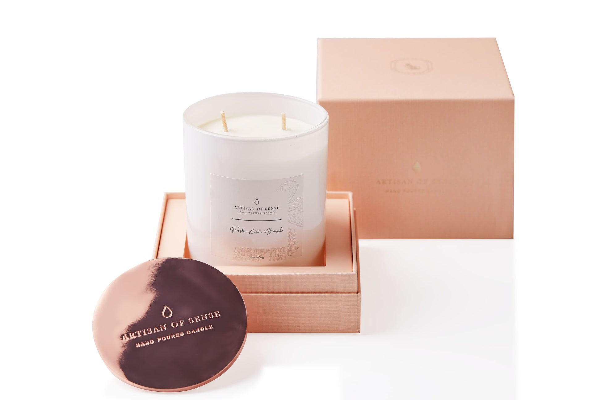 Natural Fresh-Cut Basil Soy Candle soy wax candle with a cotton wick, shown in its classic pink box.