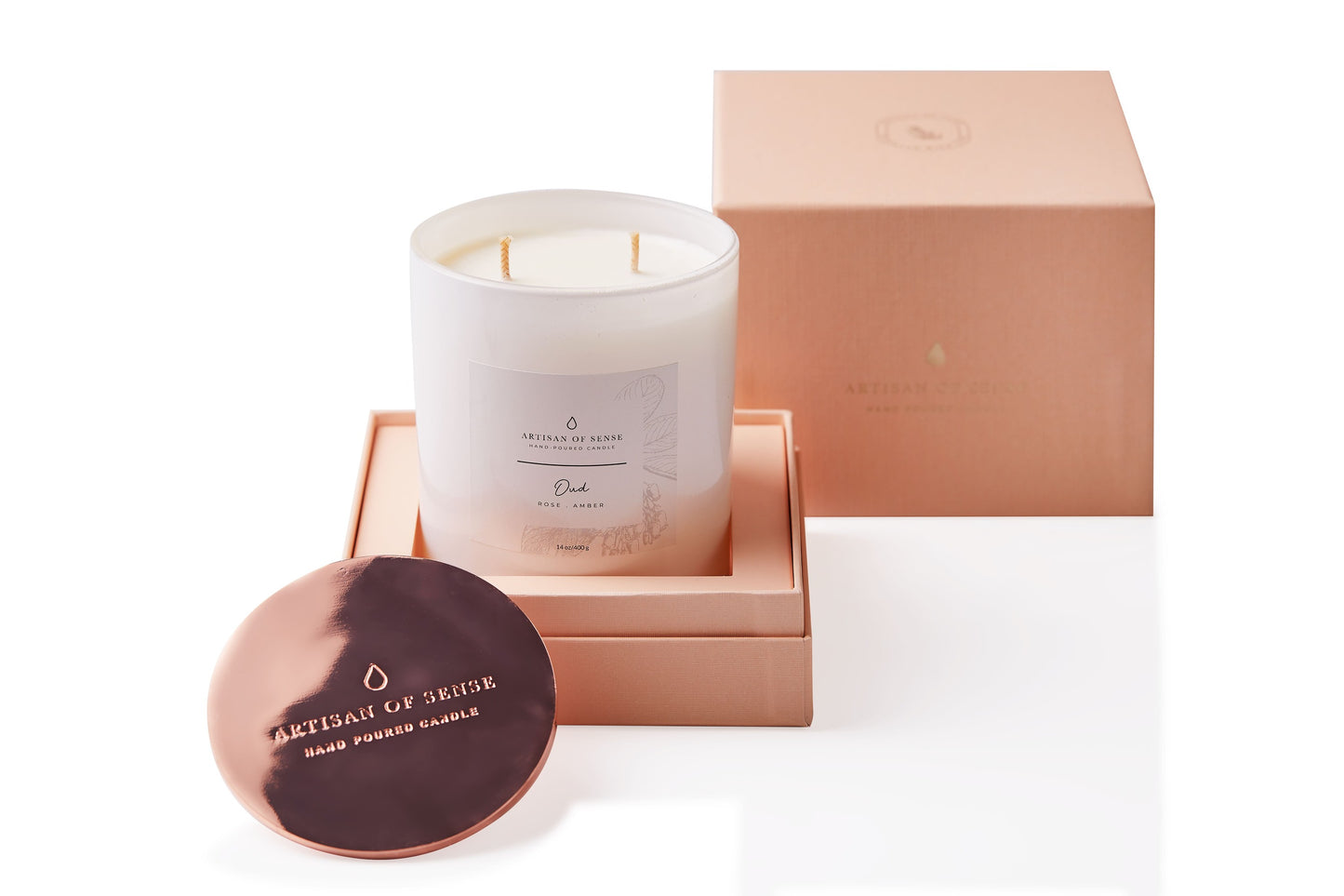 Handcrafted Oud, Rose & Amber candle (soy), cotton wick, Singapore, in a classic pink box.