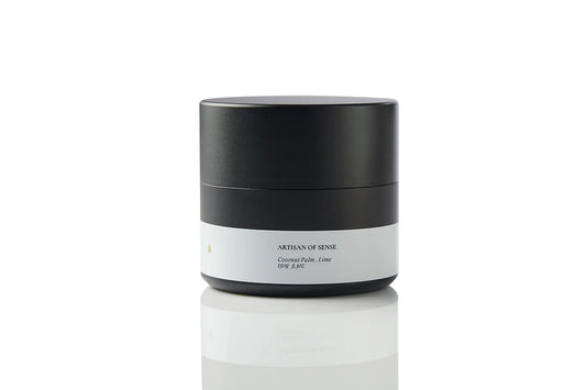 Portable Coconut Palm soy candle in a tin, natural cotton wick, perfect for travelers. Naturally purifying to uplift and cleanse