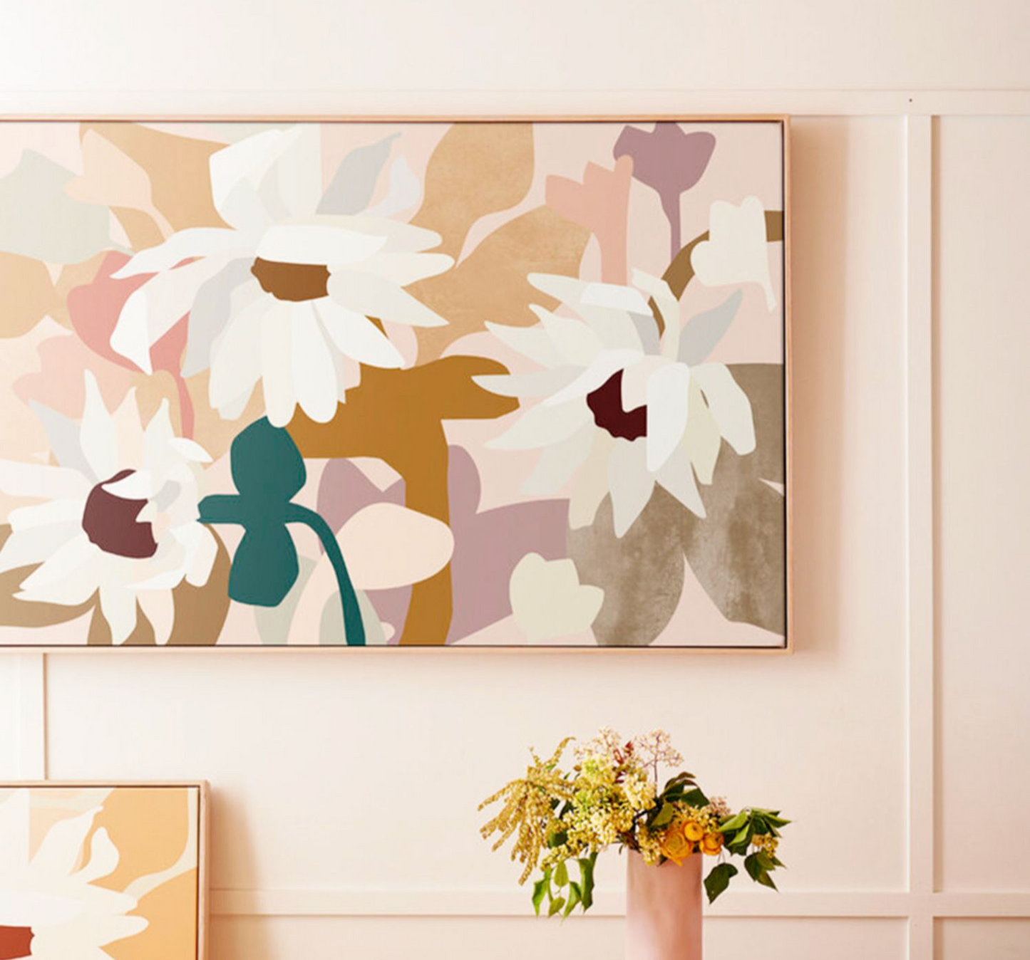 Daisy Dance III: Modern wall art on shrink-resistant framed canvas, perfect for gallery walls.