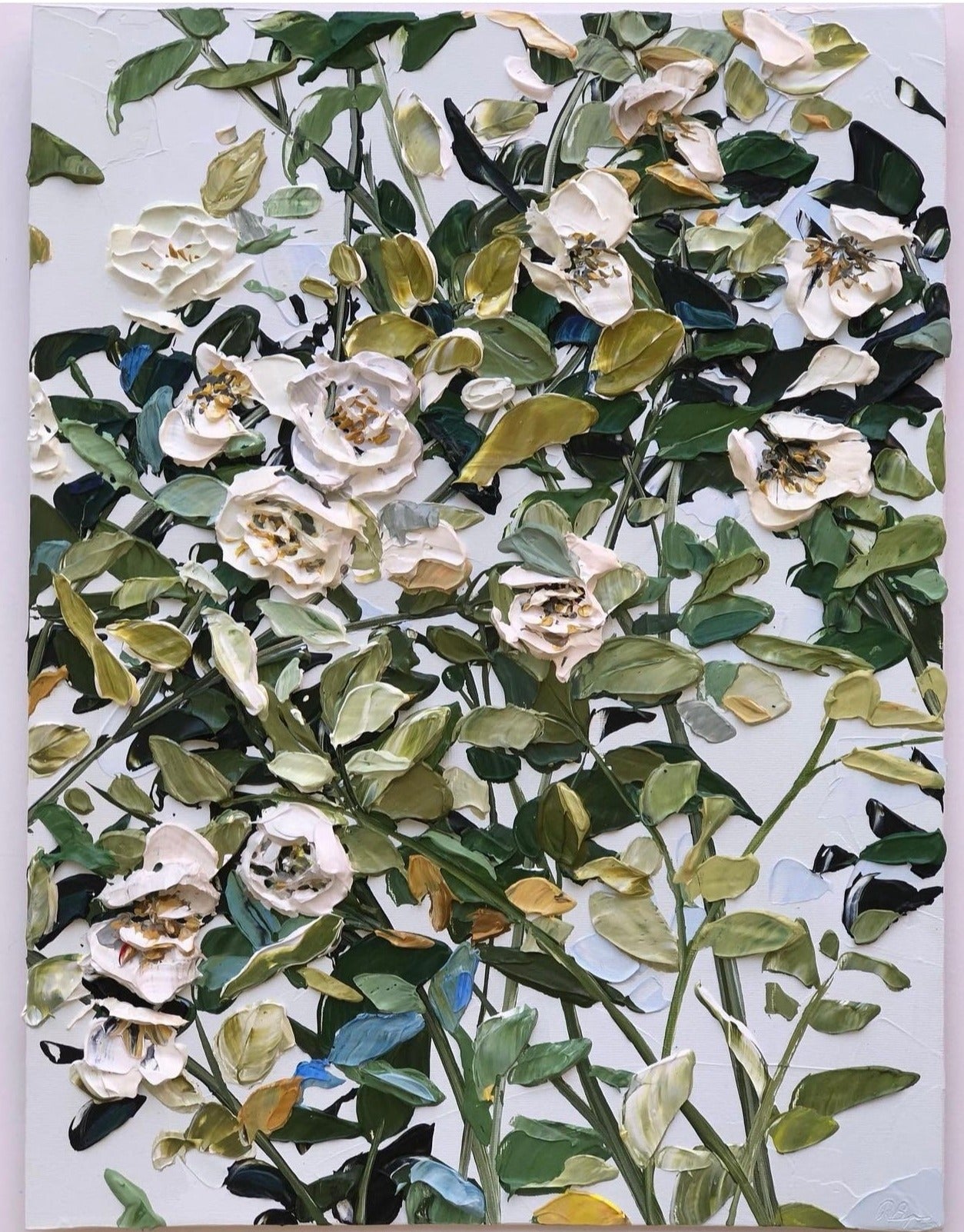 Blooms of Bliss I, Green and Ivory painting: Hand-painted acrylic on canvas.