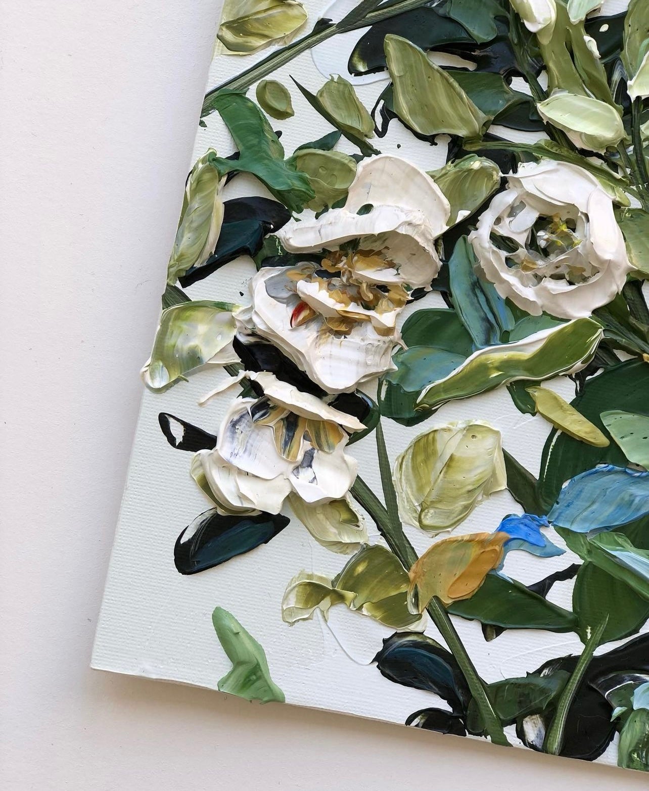 Blooms of Bliss I, Green and Ivory painting: Hand-painted acrylic on canvas.