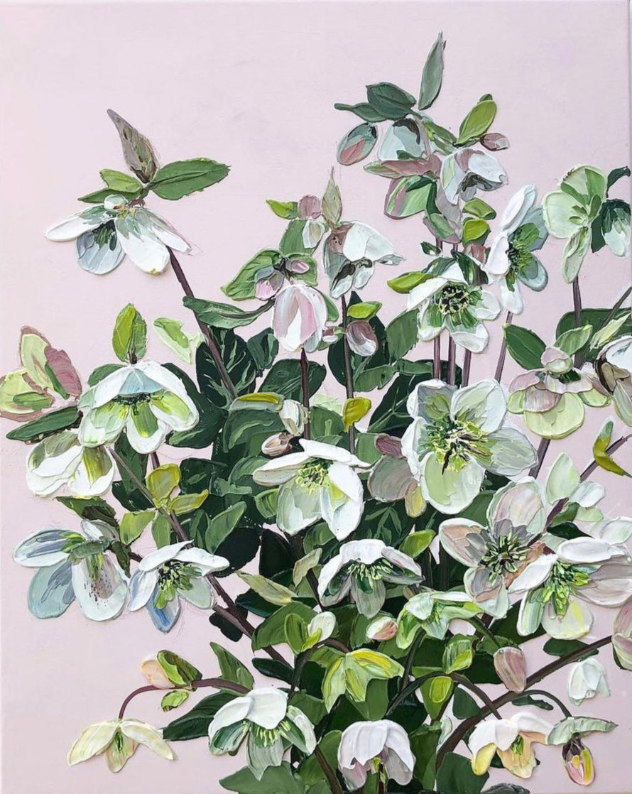 Peaceful Ethereal Floral Cascade scene: Acrylic on stretched canvas, framed art available.