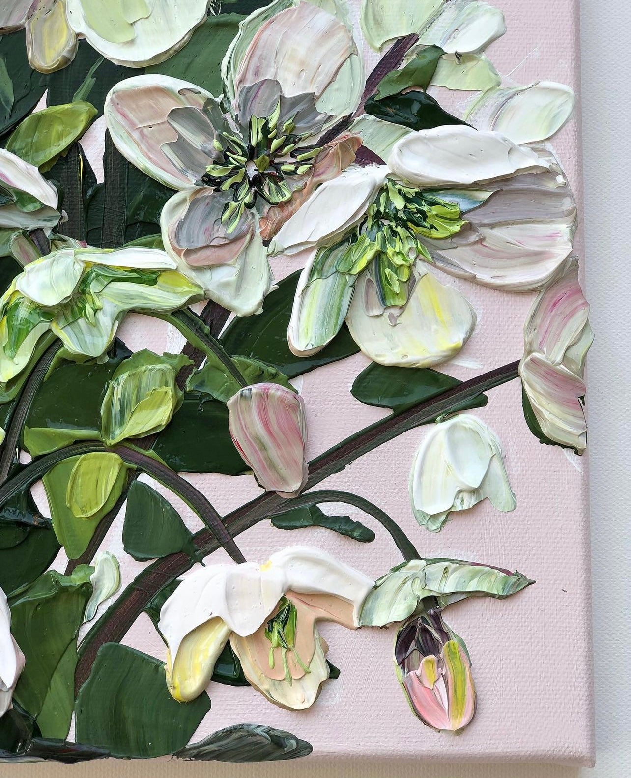 Peaceful Ethereal Floral Cascade scene: Acrylic on stretched canvas, framed art available.