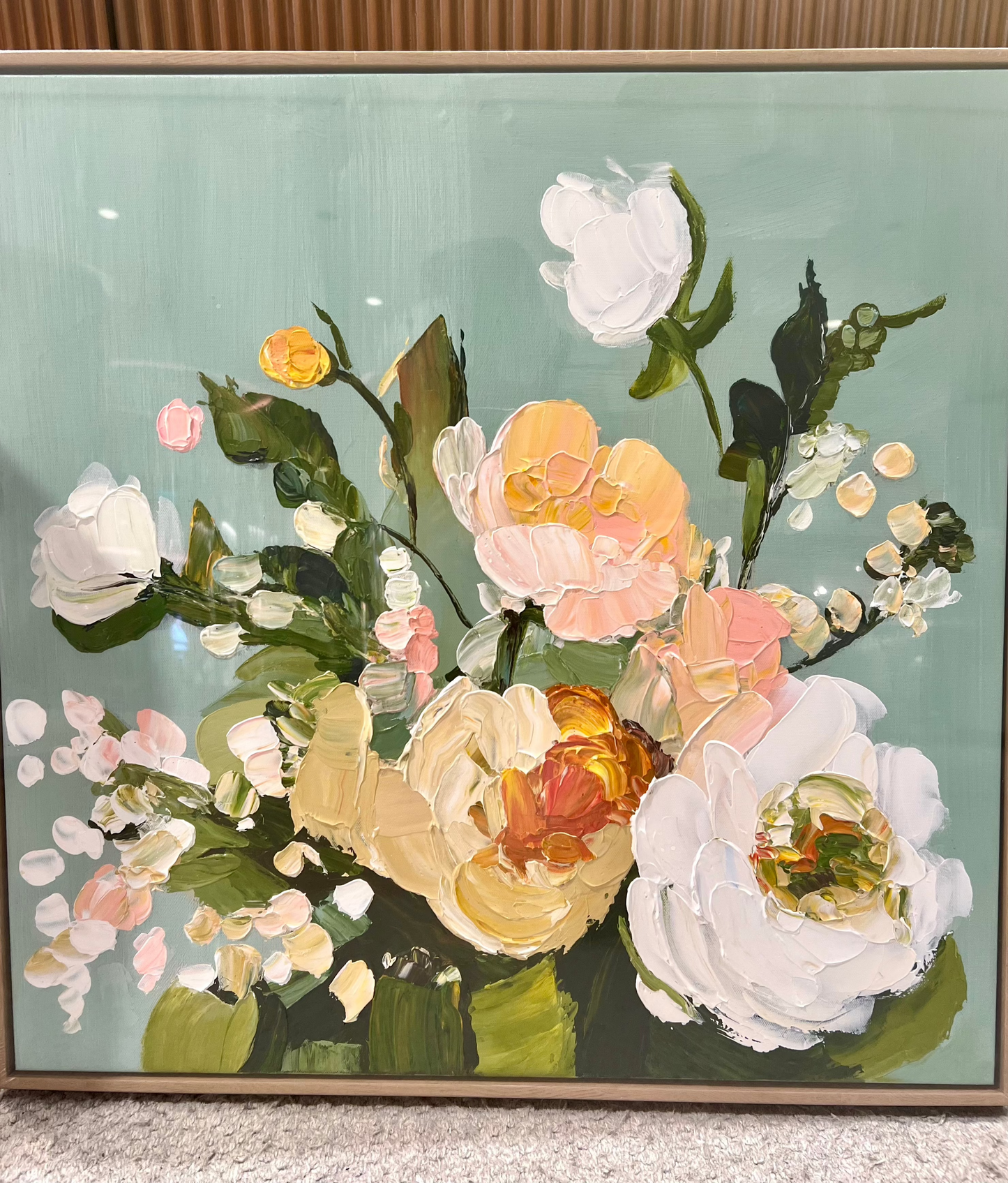 Peonies II: Textured hand-painted artwork in orange, white and green, ready to display.