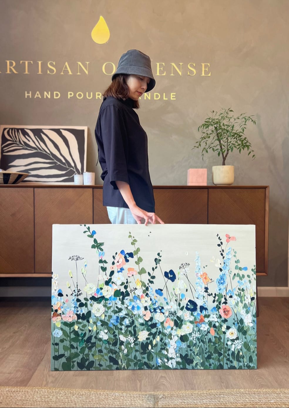 Tranquil flowering meadow artwork: Petals Adrift - hand-painted, varnished.