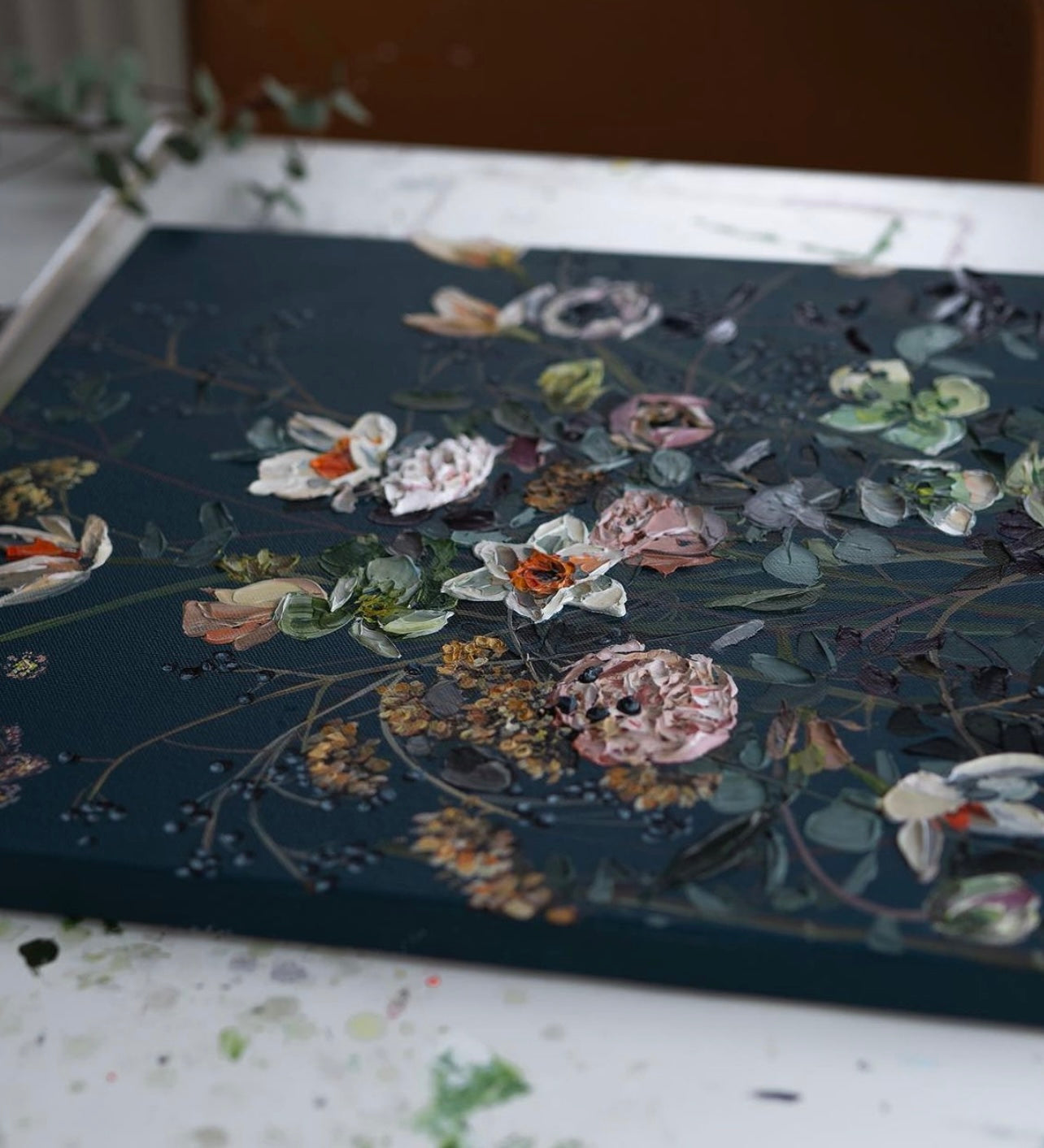 Step into Tranquil Sanctuary artwork: Hand-painted floral wall decor for your home.