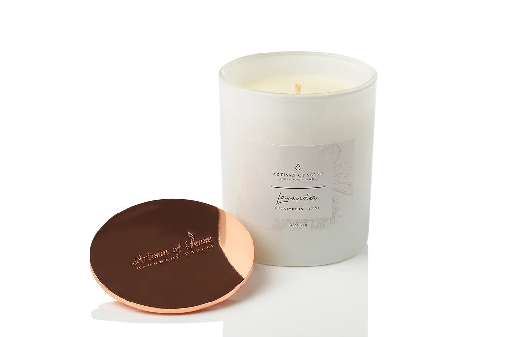 Soy candle with a natural cotton wick and Lavender, Eucalyptus & Sage Soy Candle aroma, within a sustainable box.