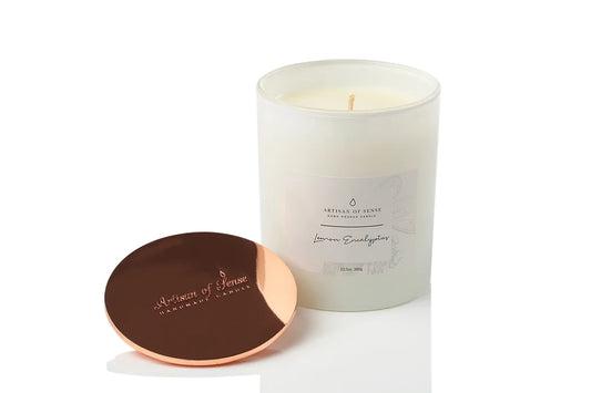 Clean-burning soy candle with a cotton wick and natural Lemon Eucalyptus.