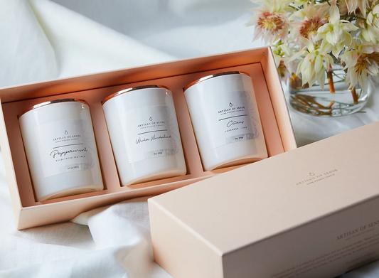 Beautifully presented set of three soy candles, ideal for gifting on any occasion.