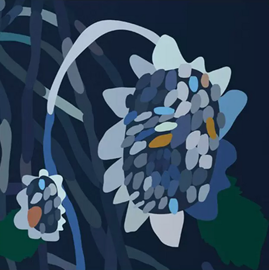 Night Daisy II: Exquisite contemporary floral artwork, sleek lines, organic brushstrokes, framed and ready to hang.