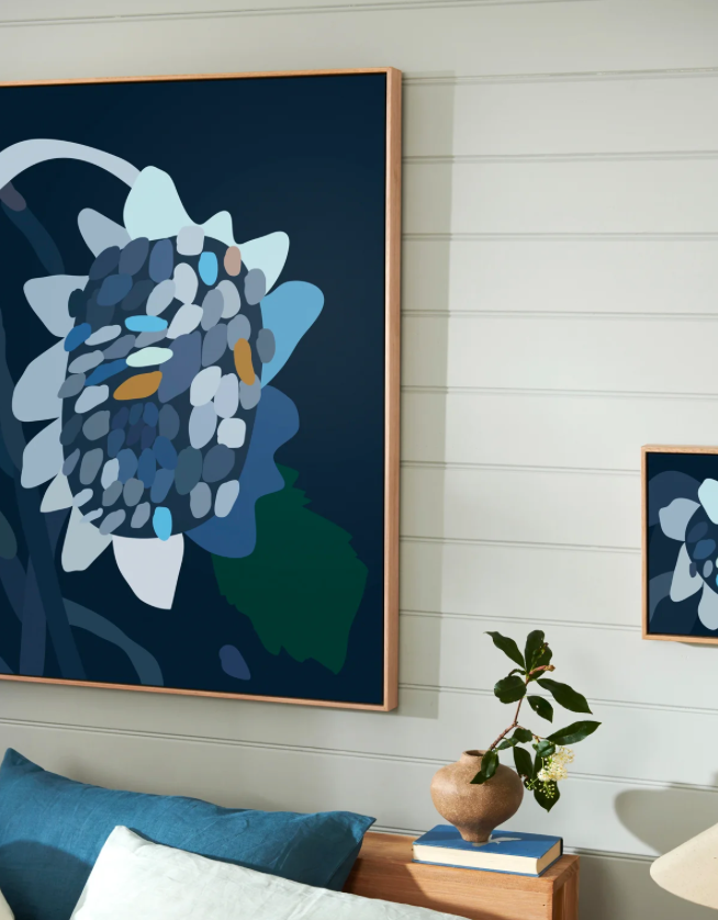 Night Daisy II: Exquisite contemporary floral artwork, sleek lines, organic brushstrokes, framed and ready to hang.