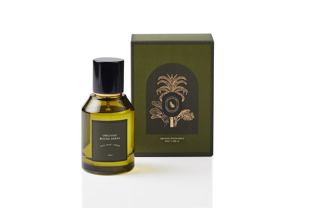 Versatile, plant-based botanical spray for body mist, room freshener, and fabric refresher. Natural fragrance, no alcohol, eco-friendly. Scent: Oud, Rose & Amber.