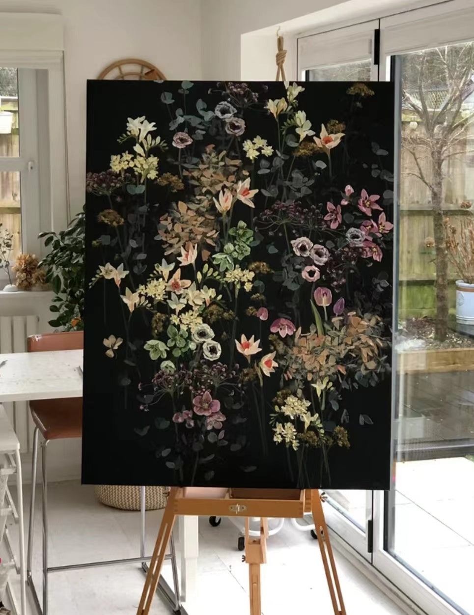 Twilight Garden: Hand-painted acrylic artwork on stretched canvas, ready to display.