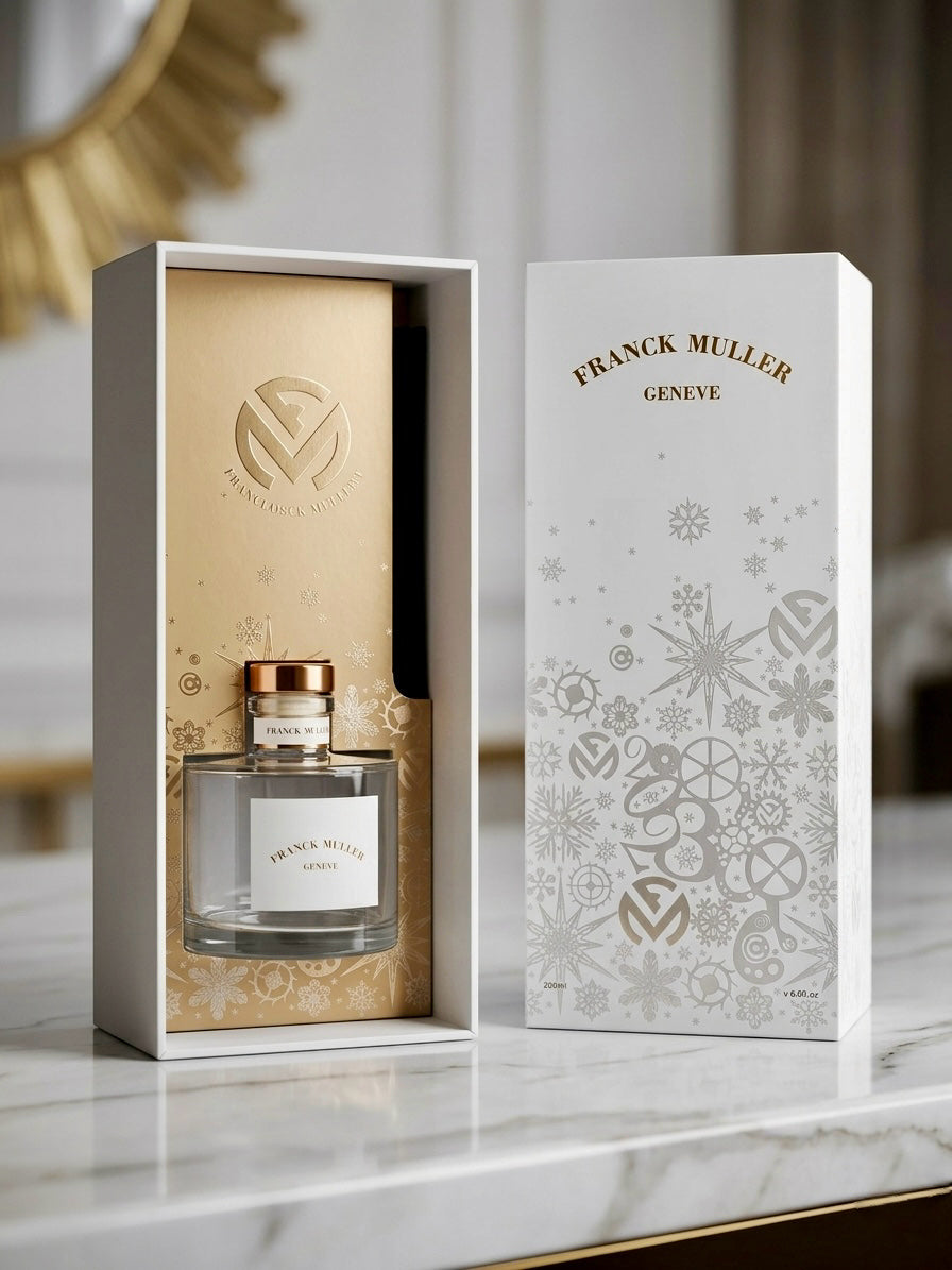 Custom luxury reed diffuser set crafted for Franck Muller Geneve in bespoke gold foil packaging by Artisan of Sense Singapore.