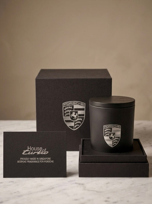 Bespoke Porsche luxury soy candle gift set custom-crafted in Singapore by Artisan of Sense for VIP client appreciation.
