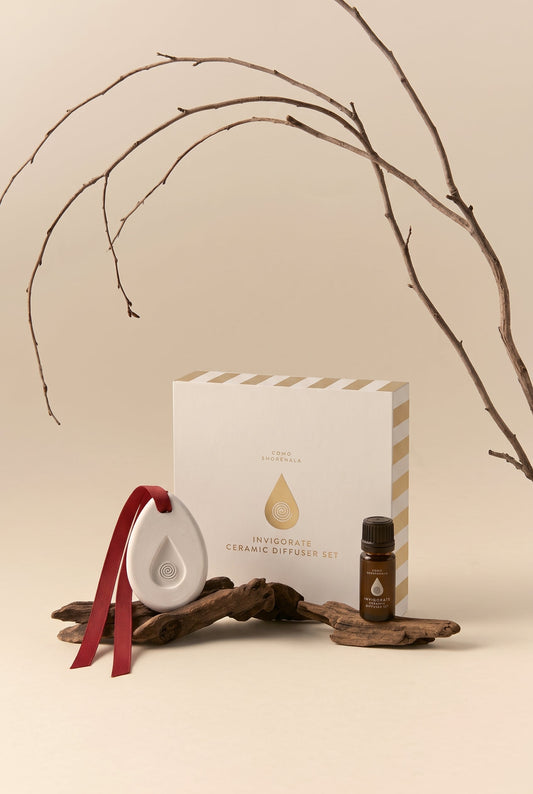 Bespoke COMO Shambhala Invigorate ceramic aroma stone diffuser set featuring pure botanical essential oil and luxury presentation packaging, crafted for VIP wellness corporate gifting in Singapore by Artisan of Sense.