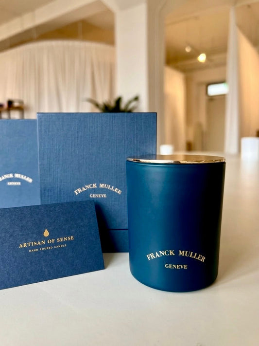 Custom luxury blue and gold scented candle set with matching gift box crafted for Franck Muller Geneve by Artisan of Sense Singapore.