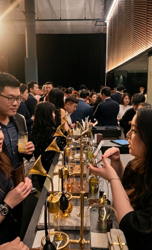 Interactive fragrance bar activation and scent blenders guiding guests at a luxury corporate brand launch in Singapore by Artisan of Sense.   