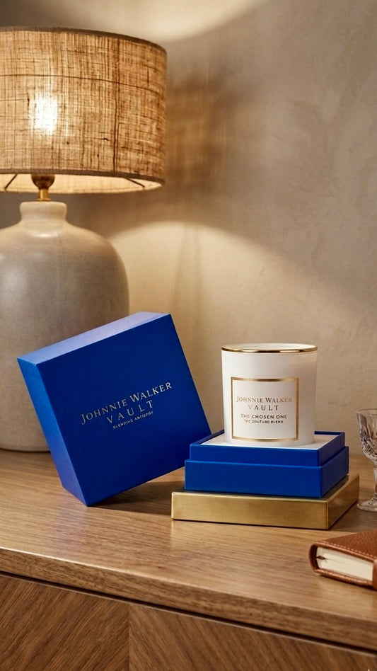Bespoke Johnnie Walker Vault luxury private label soy candle in a white glass vessel with gold detailing, showcased in a royal blue presentation box for VIP client appreciation by Artisan of Sense Singapore.