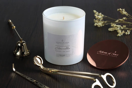 Classically designed wick trimmer, wick dipper, and bell snuffer in Rose Gold, Silver or Gold, for elegant candle care.