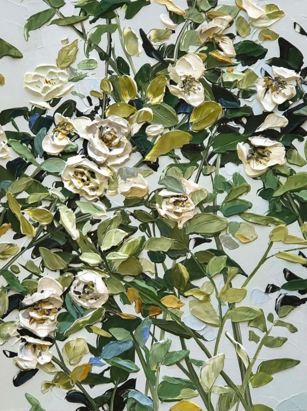 Blooms of Bliss I, Green and Ivory painting: Hand-painted acrylic on canvas.
