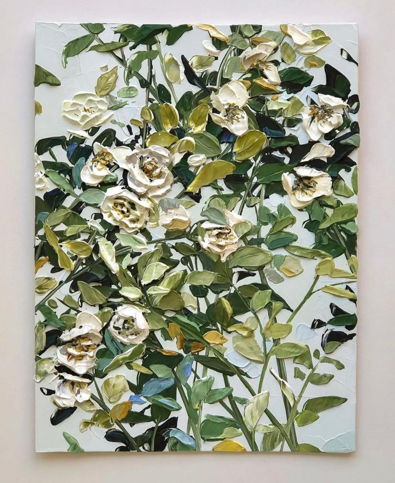 Blooms of Bliss I, Green and Ivory painting: Hand-painted acrylic on canvas.