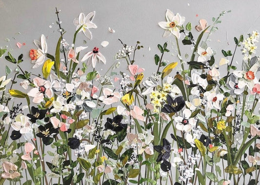 Hand-painted wall art on canvas: Dancing Blossoms I - serene home decoration.