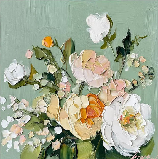 Peonies II: Textured hand-painted artwork in orange, white and green, ready to display.
