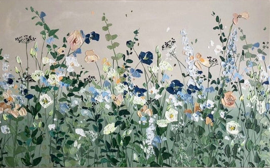 Tranquil flowering meadow artwork: Petals Adrift - hand-painted, varnished.
