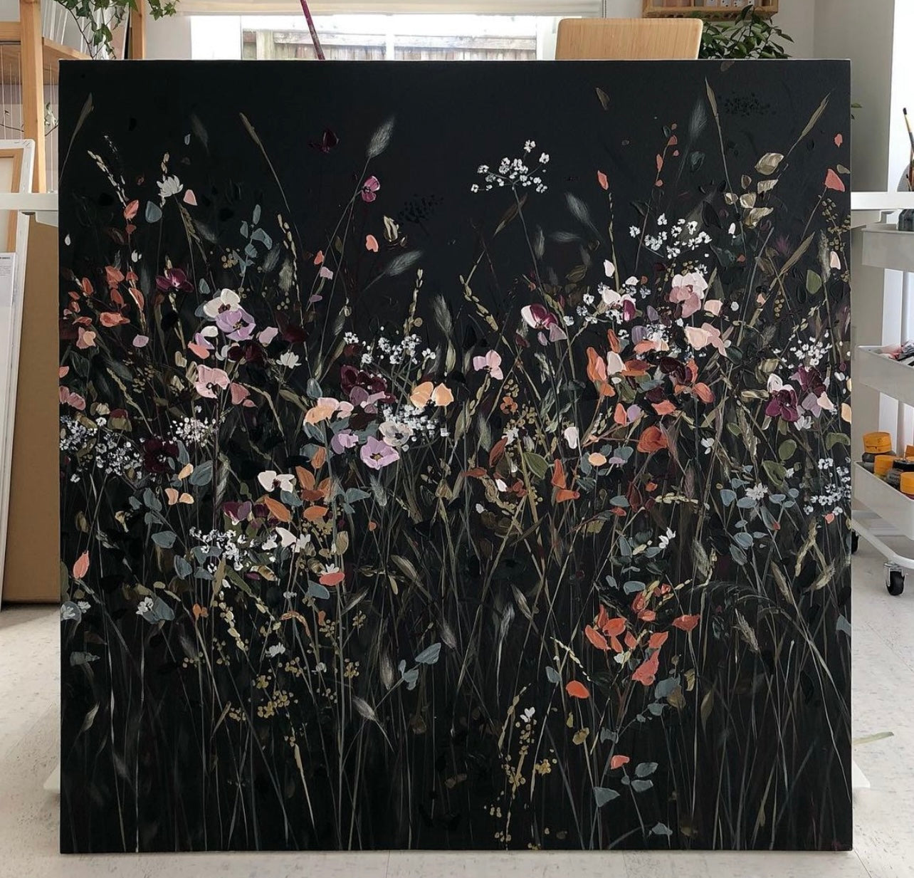 Elevate your space with Twilight Stemscape: Hand-painted modern art on stretched canvas.
