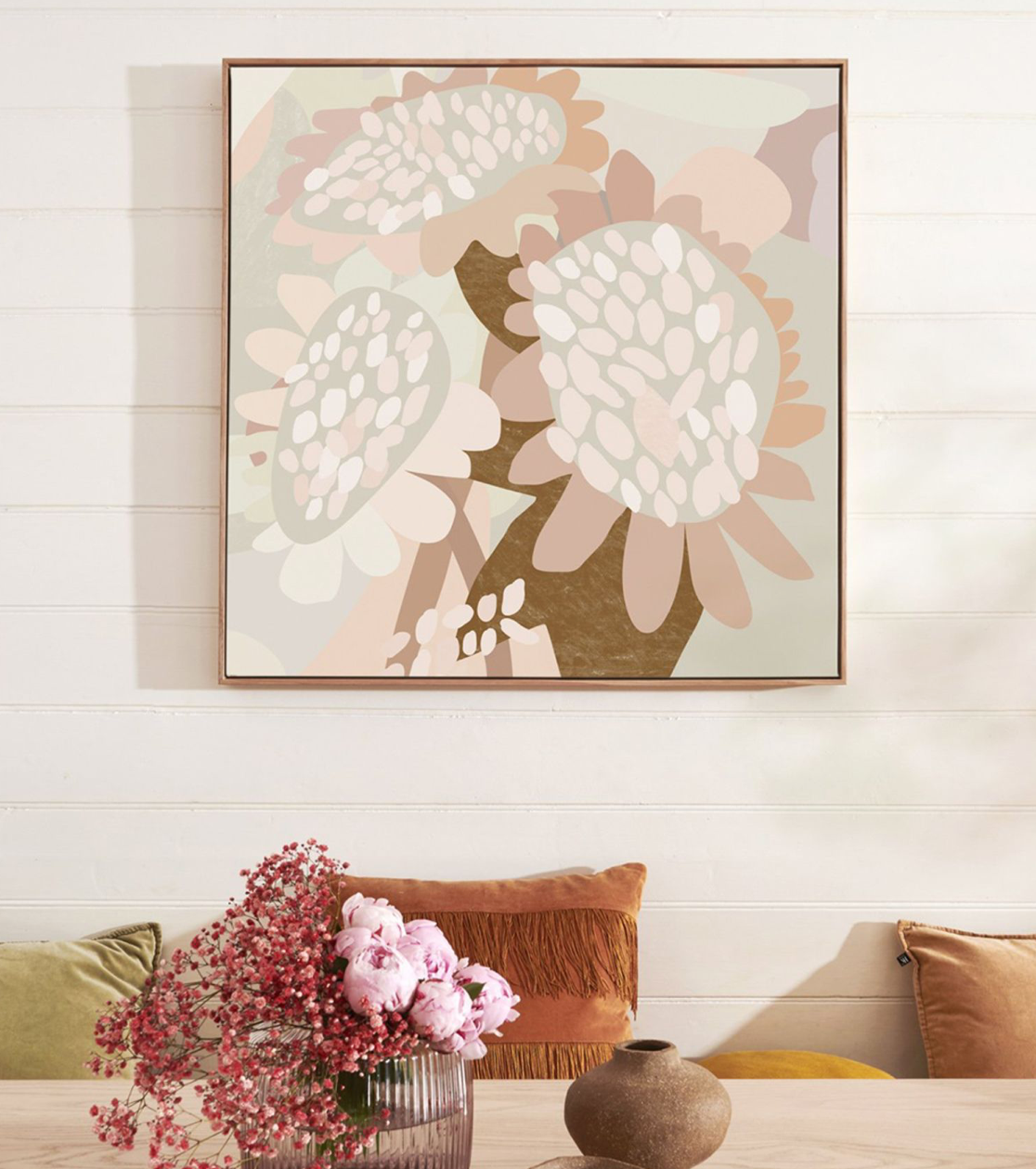 Sunflower I: Abstract print, painted to order, exquisite contemporary design, framed.