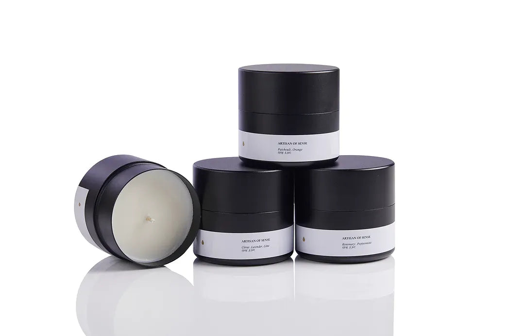 Artisan of Sense travel tin candles in soy wax with cotton wicks, hand-poured in Singapore with 100% natural fragrances