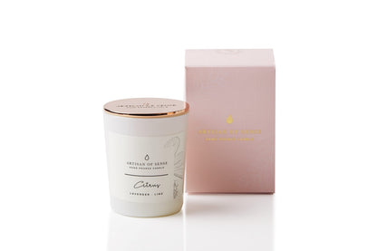 Small scented soy candle by Artisan of Sense with its gift box, hand-poured in Singapore with pure essential oils