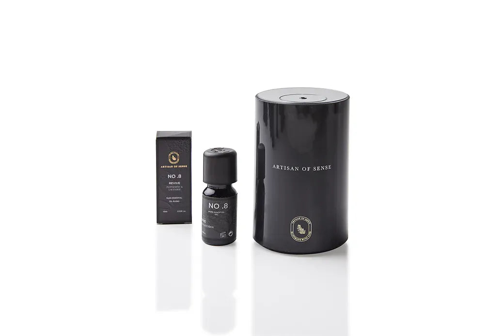 Portable ultrasonic diffuser set in Pink, White, or Black, includes AOS Essential Oil Blend for on-the-go aromatherapy.