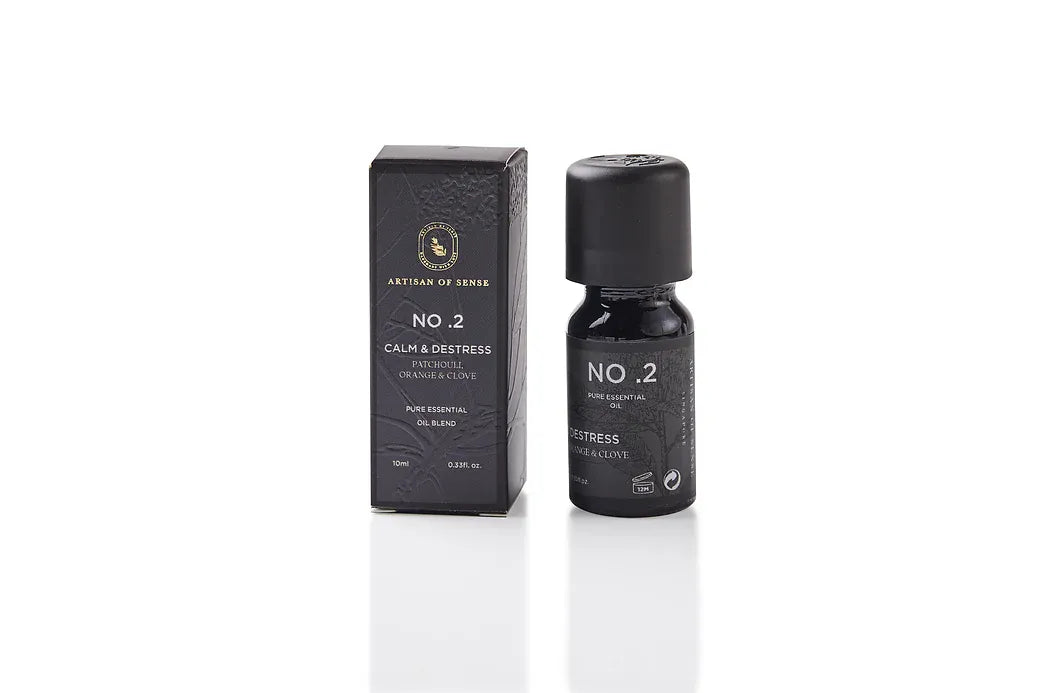 Aroma: Patchouli Orange Clove for Calm Distress. Concentrated essential oil in a dark glass vial.