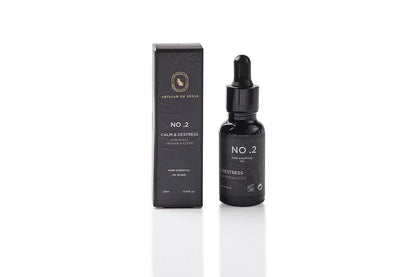 Aroma: Patchouli Orange Clove for Calm Distress. Concentrated essential oil in a dark glass vial.