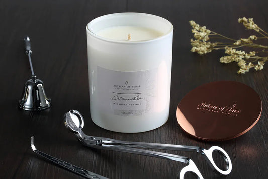 Classically designed wick trimmer, wick dipper, and bell snuffer in Rose Gold or Silver, for elegant candle care.